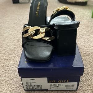 Steve Madden. Black leather mules.  Excellent condition worn once.